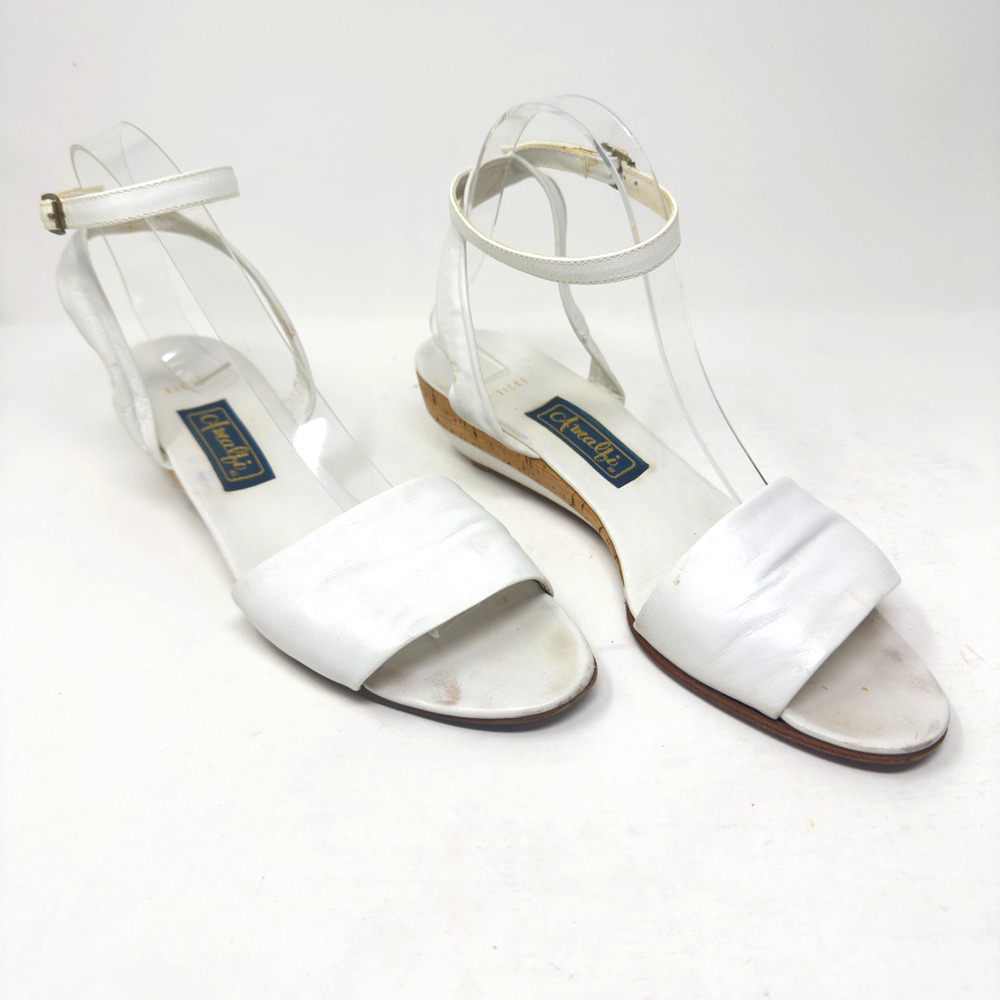 Vintage Amalfi White Vicki Ankle Strap Wedge Sandal 10N